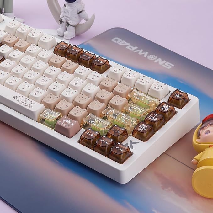 26 Keys Crystal Jelly Personalized Keycaps, PC Material Cute Coffee Cat Transparent Custom Keycaps, Mao Profile Keycap for DIY MX Swithes Mechanical Keyboards