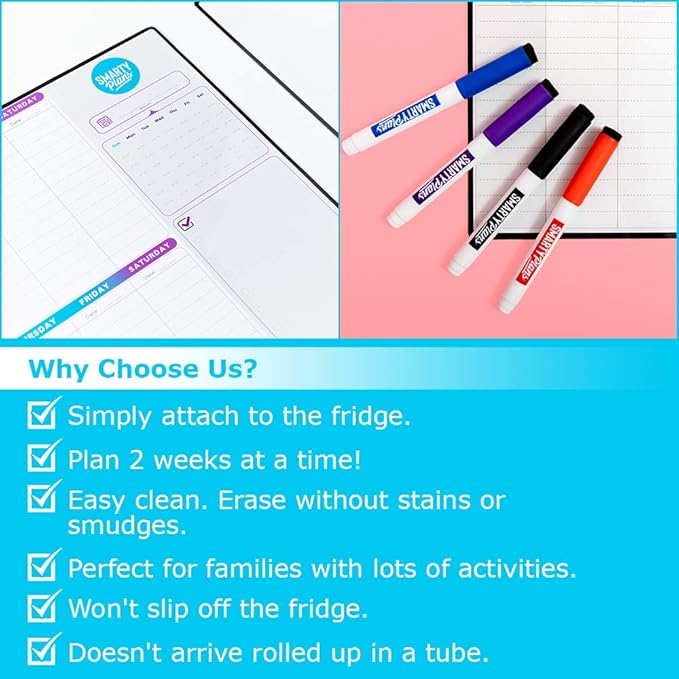 Dry Erase Weekly Extra Thick Magnetic Calendar for Refrigerator: 17x13 Two Week Planner and 6x9 White Board, 4 Fine Tip Markers and Eraser with Magnets. Stain Resistant. Shipped Flat.
