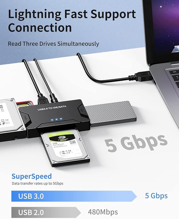 POSUGEAR USB 3.0 to IDE and SATA Adapter, Hard Drive Adapter Cable Universal for 2.5/3.5 inch HDD/SSD Hard Drive Disk, Hard Drive Reader with 12V/2A Power Adapter