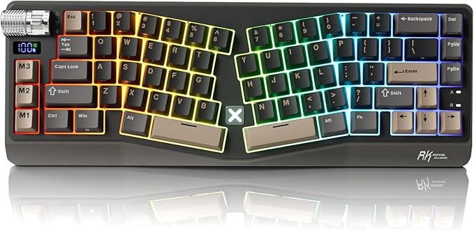 RK ROYAL KLUDGE A70 Wireless Ergonomic Keyboard, Alice Split Mechanical Keyboard w/Bluetooth/2.4GHz/Wired, 65% RGB Gaming Keyboards with Knob and PBT Keycap, Gasket Hot Swappable Linear Cream Switches