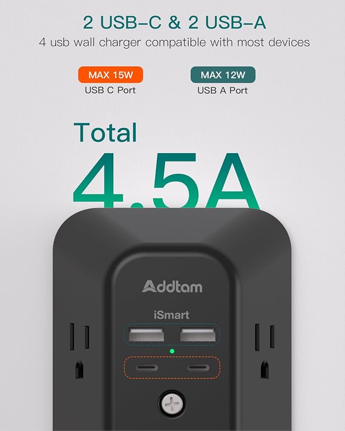 Surge Protector Outlet Extender - Addtam 5-Outlet Splitter with 4 USB Wall Charger(2 USB-C Ports), Multi Plug Outlet Power Strip for Home, Dorm Room Essentials, Black
