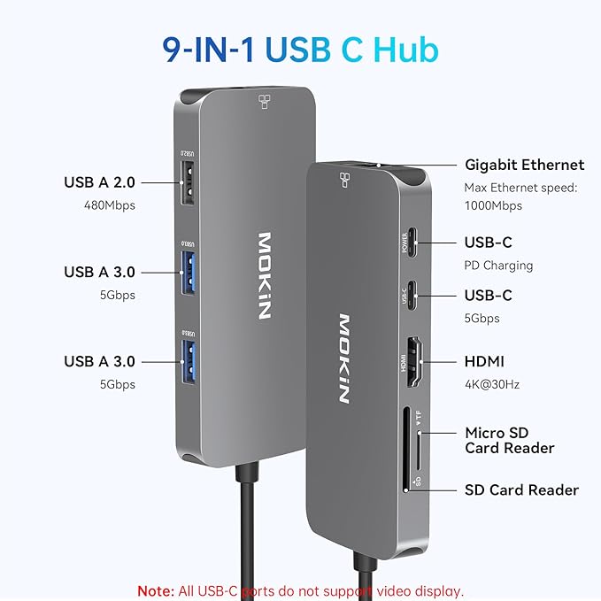 USB C Adapters for MacBook Pro/Air,Mac Dongle with 3 USB Port,USB C to HDMI, USB C to RJ45 Ethernet,MOKiN 9 in 1 USB C to HDMI Adapter,100W PD Charging, USB C to SD/TF Card Reader USB C Hub