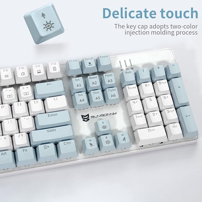104 Keys US Layout Wired Mechanical PC Gaming Keyboard | White LED Backlit Hot Swappable Brown Switch Full Size Mechanical Keyboard | Blue & White Keycaps Wired Gaming Computer Keyboards