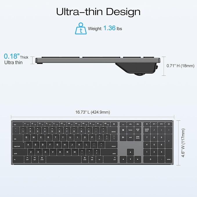 OMOTON Wireless Keyboard for Mac with Forged Metal Frame - 2.4G & Dual Bluetooth (BT1/BT2), Type-C/USB A Receiver, Ultra-Thin, Backlit, Full Size Keyboard for Mac/MacBook/iMac, Grey