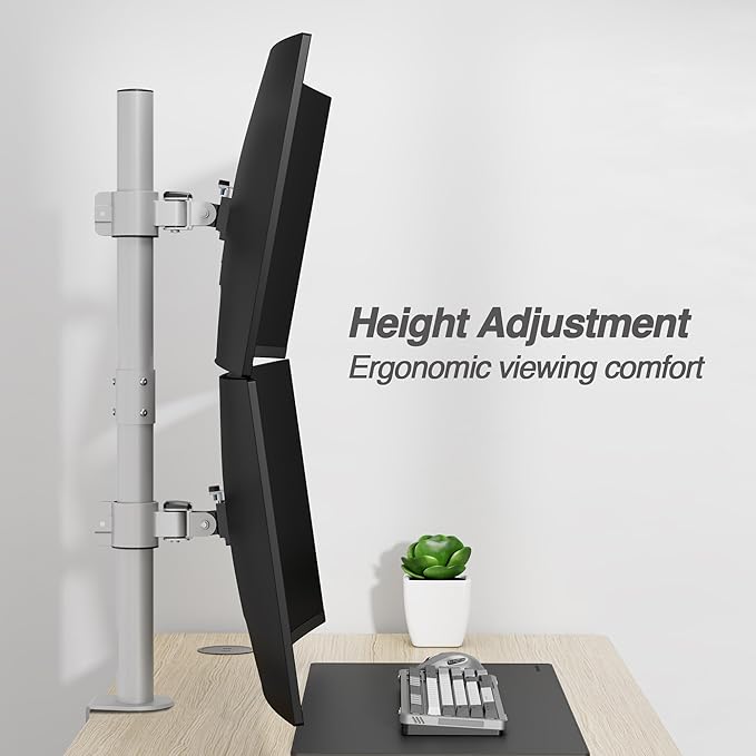 AVLT 38" Vertical Ultrawide Monitor Mount Gray Two Stacked 26.5 lbs Screens on Heavy-Duty Pole Save Workspace with Fine-Tune Height Tilt Swivel Rotate Adjustment C-clamp and Grommet Mounting Stand