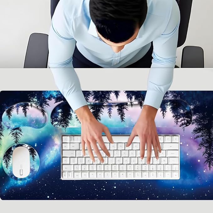 4 in 1 Large Keyboard Mouse Pad Set,Ergonomic Keyboard Wrist Rest Pad,Wrist Support Mousepad Set,Cup Coaster,Extended Desk Mat for Home Game Women Office Desk Decor Accessories(Night Sky)