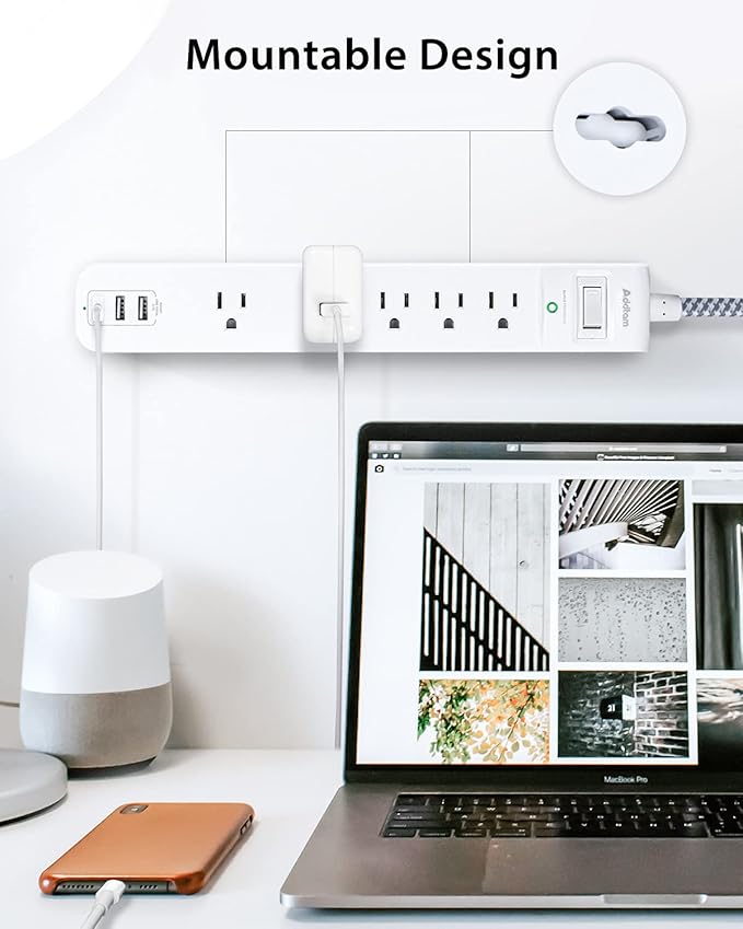 Surge Protector Power Strip - 10 FT Long Extension Cord with 5 Widely AC Outlets 3 USB Ports, Flat Plug with Overload Surge Protection for Home, Office, Dorm Essentials (2 Pack)