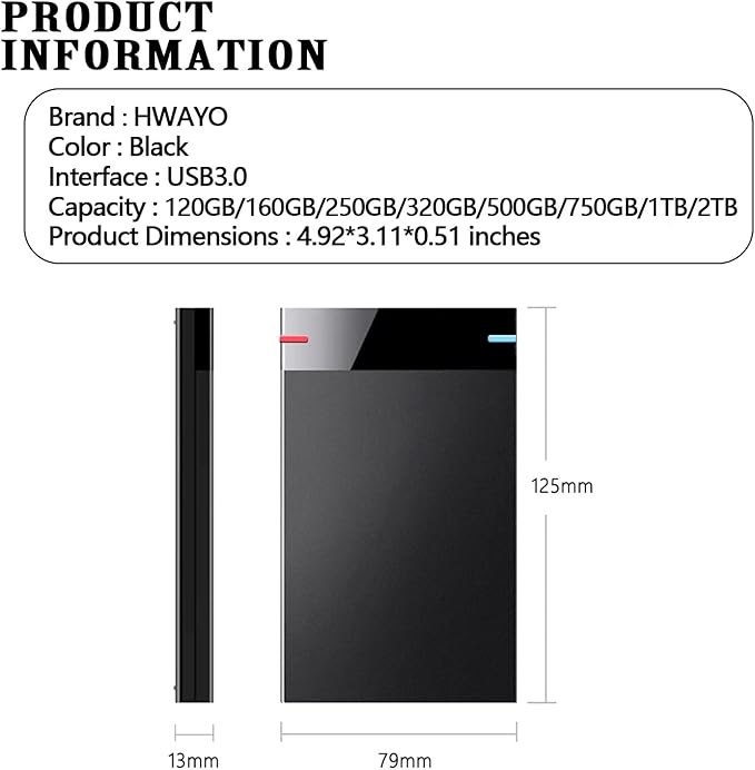 2.5'' 320GB Ultra Slim Portable External Hard Drive USB3.0 HDD Storage for PC, Desktop, Laptop, MacBook, Chromebook, Xbox One