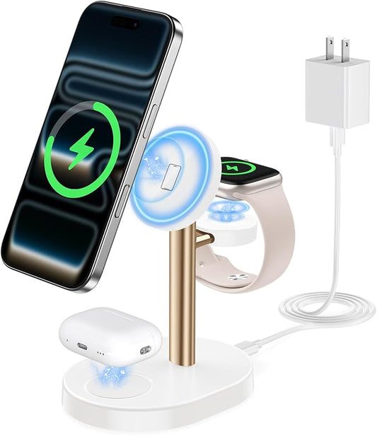 2026 3 in 1 Wireless Charging Station for Apple MagSafe Charger, 15W Fast Magnetic Mag-Safe Charger Stand for iPhone 17 16 15 14 13 12 Apple Watch AirPods Series, Gold&White