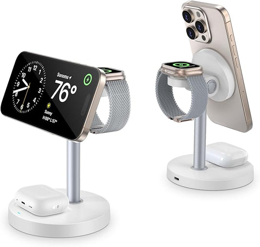 3 in 1 Magnetic Wireless Charging Station, 15W Fast Charger Stand for iPhone, Phone Charger Stand for Desk Nightstand, Compatible with iPhone 17/16/15/14, Apple Watch & AirPods, Adapter Not Included