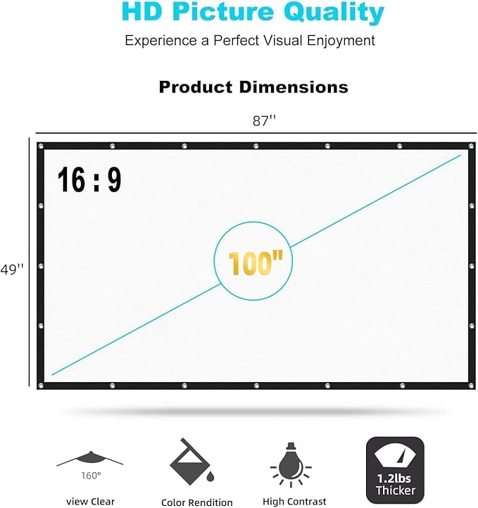 100 inch Projector Screen， Movie Projector Screen16:9 Foldable Portable Projector Screens for Movie Night Outdoor Indoor Support Double Sided Projection