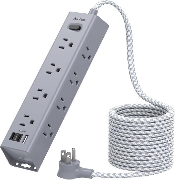Surge Protector Power Strip - 15 FT Extension Cord, Power Strip with 12 Widely AC Outlet 3 USB, Flat Plug Wall Mount Overload Protection, 1050J, Desk Charging Station for Home Office, ETL Listed, Grey
