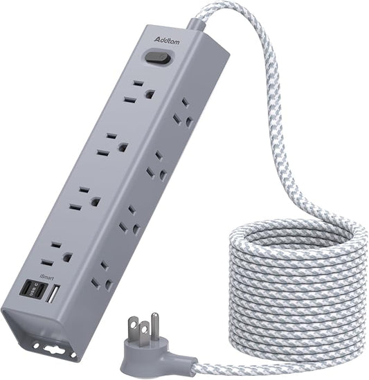 Surge Protector Power Strip - 15 FT Extension Cord, Power Strip with 12 Widely AC Outlet 3 USB, Flat Plug Wall Mount Overload Protection, 1050J, Desk Charging Station for Home Office, ETL Listed, Grey