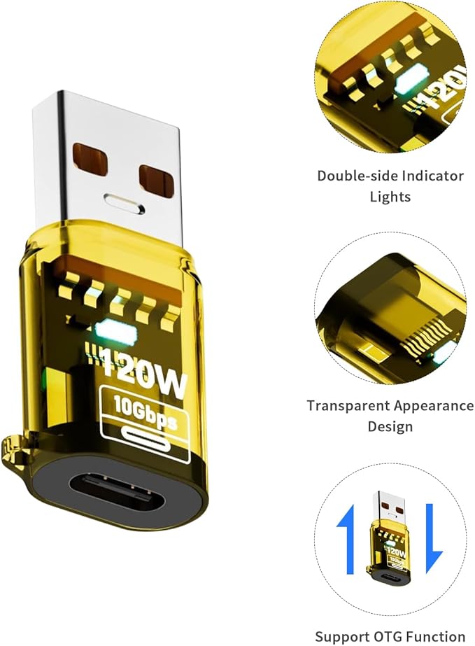 Poyiccot USB C Female to USB Male Adapter 120W, 2-Pack 10Gbps USB 3.2 Type C to Type A Charger OTG Converter Compatible for iPhone 11 12 13 14 15 Pro Max, Galaxy Note 10 S20 Plus 20, Earphone,Yellow