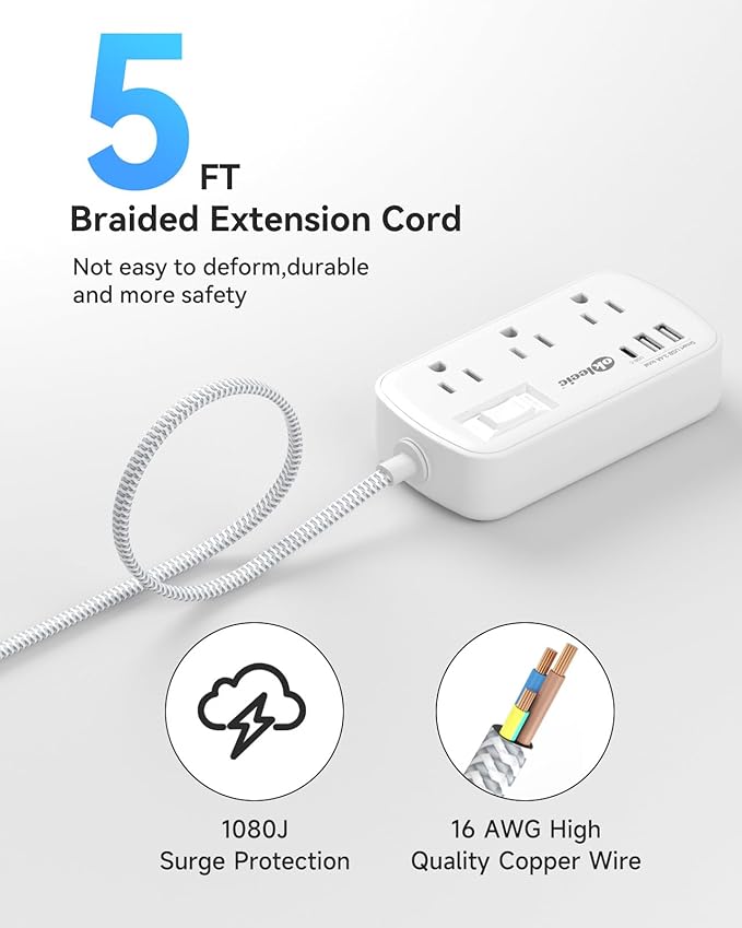 Short Extension Cord 5 ft - Flat Plug Small Power Strip Surge Protetor with 6 Outlets 3 USB (5V/3.4A 17W) Charging Ports, Multi Plug Wall Outlet Splitter for Home Office Dorm Roomc, White