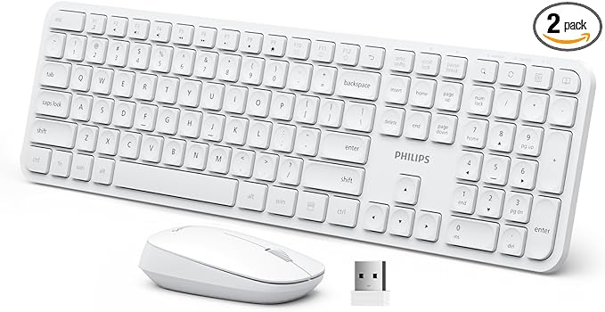 Philips Wireless Keyboard and Mouse Combo,2.4G 2 in 1 Receiver Cordless Full Size Keyboard and Mice,Ultra Slim and Quiet Keyboard & Ergonomic Mice for Windows XP/7/8/10,Mac OS X10.4 or Higher-White