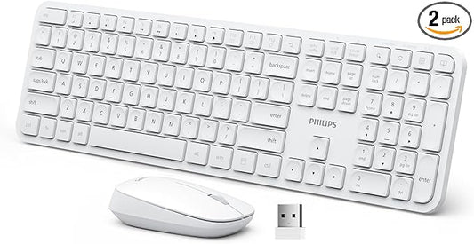 Philips Wireless Keyboard and Mouse Combo,2.4G 2 in 1 Receiver Cordless Full Size Keyboard and Mice,Ultra Slim and Quiet Keyboard & Ergonomic Mice for Windows XP/7/8/10,Mac OS X10.4 or Higher-White