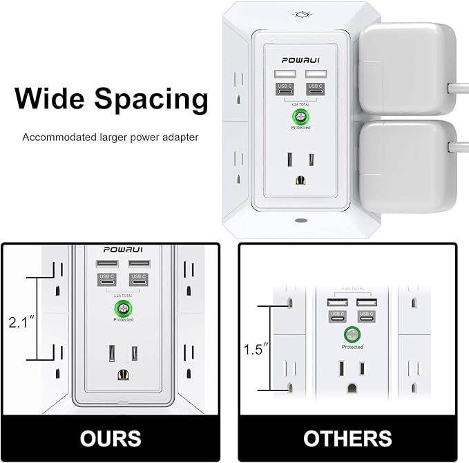 3-Sided Outlet Extender with Night Light - POWRUI Multi Plug Outlet with 5 Outlets and 4 USB Ports(2 USB-C), USB Wall Charger for Home, Office, Travel, ETL Listed, White