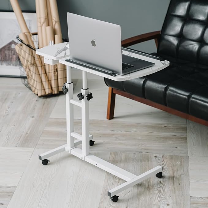 Overbed Table,Adjustable Laptop Desk with Cart, Computer Workstation, Bed Side Table, Tiltable Table and Mouse pad for Laptop-Marble White