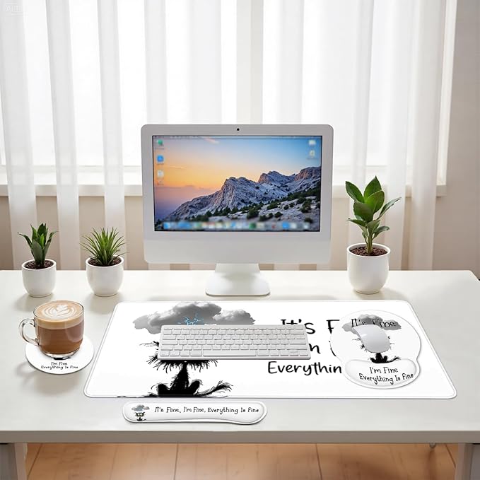 Black Cat Mouse Pad Set It's Fine I'm Fine Everything is Fine Gaming Mousepad 4in1 Desk Mat for Desktop Anti-Slip XXL Big Computer Ergonomic Mousepad with Wrist Support for Keyboard and Mouse