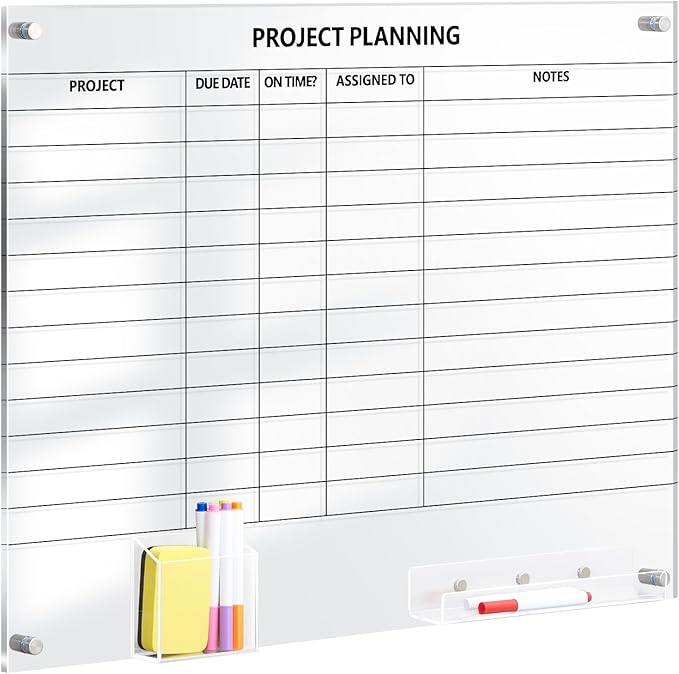 Lincia Acrylic Project Planning Board, 24 x 18 Inch Clear Wall Schedule Dry Erase Board with 8 Markers and Eraser, Whiteboard Planner with Lines for Home Office Project and Family Organization