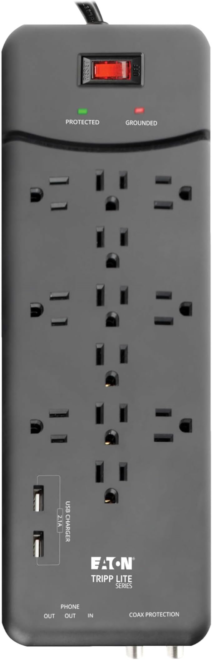 Eaton Tripp Lite TLP128TTUSBB Surge Protector Power Strip, 2 USB Charging Ports, 12 Outlets, Flat Plug 8ft Extension Cord, 4320 Joules | Coax and RJ11 Port for Home Phone, TV, & WiFi Router Protection