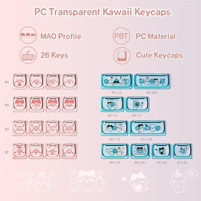26 Keys Crystal Jelly Personalized Keycaps, PC Material Cute Blue Pink Kawaii Transparent Custom Keycaps, Mao Profile Keycap for DIY MX Swithes Mechanical Keyboards