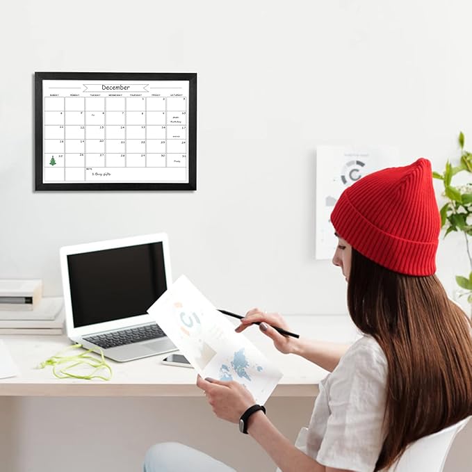 Dry Erase Monthly Calendar Whiteboard, Magnetic White Board for Wall, Hanging Board for Office, Home School, Solid Pine Wood Black Framed Message Board, 10.6"x 14.6"(YL-BK-2737-B)