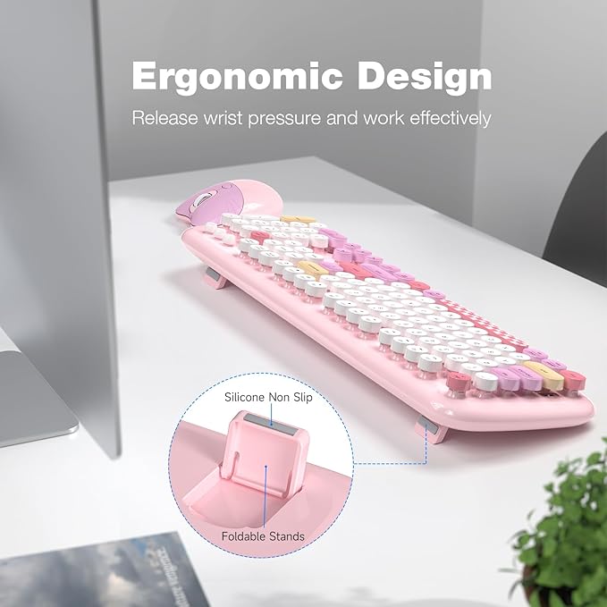 Retro Wireless Keyboard and Mouse Combo, SQMD Full-Size Office Typewriter Keyboard with Round Colorful Keycaps, 2.4G Cute Quiet Mouse for Windows PC, Home, Office, and College - Pink