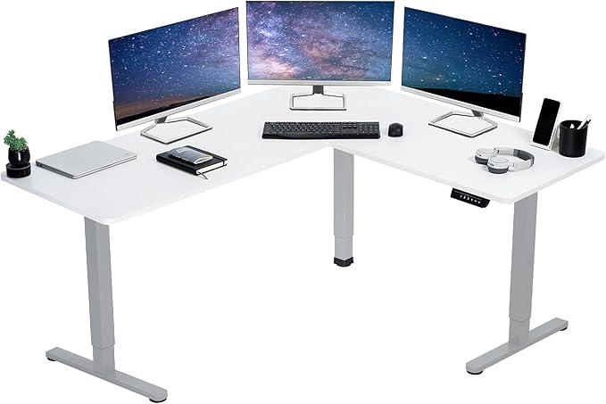 VIVO Corner Standing Desk, 63 x 55 inch Reversible L-Shaped Workstation, Electric Height Adjustment, Home, Office, and Reception Rooms, White Table Top Gray Frame, DESK-E3CTGW