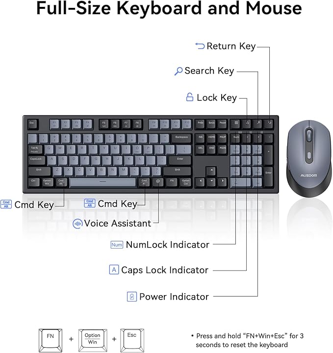 AUSDOM Wireless Keyboard and Mouse Combo - 108 Keys Mechanical Feel, 2.4G Full-Sized Rechargeable Silent Keyboard & 3 DPI Adjustable Mouse, Numeric Keypad, USB Receiver for PC/Laptop/Windows/Mac
