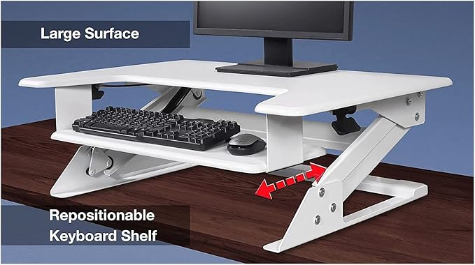 Kantek Standing Desk Converter, Adjustable Upto 20", Extra Wide Platform, Fits Dual Monitors, Sit to Stand Home Office Workstation, Grommet Hole, EZ Lift, White