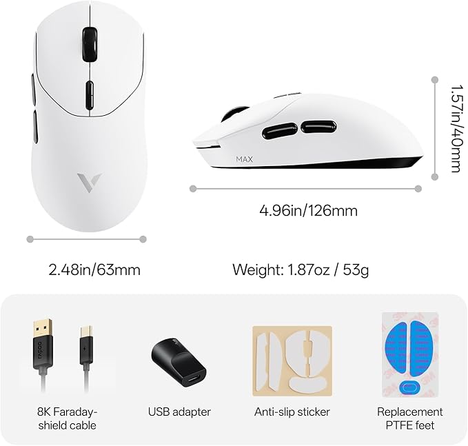 Rapoo VT2 MAX Wireless Gaming Mouse, True 8K Wireless Polling Rate, 53g Lightweight, Up to 750 Hr Battery, Nordic nRF54L15 MCU, 120-Million Optical Switch, 10 Programmable Buttons, Macro Enabled