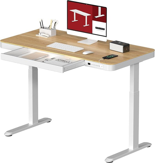 SANODESK Standing Desk with Drawer, Electric Height Adjustable Home Office Desk with Storage & USB Ports, 48 inch Maple Wood Tabletop/White Frame