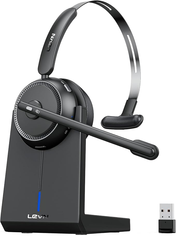 LEVN Wireless Headset 5.2, Wireless Headset with Mic for Work with(Noise Cancelling),Bluetooth Headphones for Work from Home/Office/PC/Computer/Center(Black)