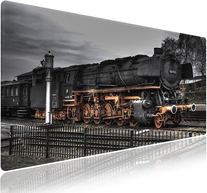 Extra Large Gaming Mouse Pad (31.5" x 11.8") with Durable Stitched Edges – Vintage Steam Locomotive Old Train at a Railway Station, Anti-Slip Base & Smooth Fabric Surface Extended XXL Desk Mat