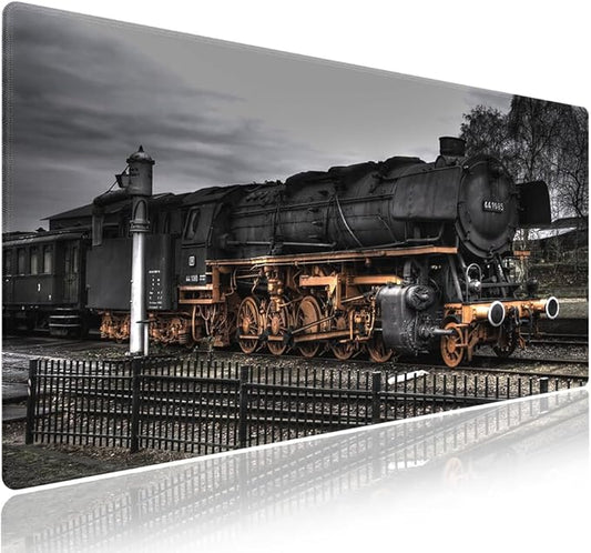 Extra Large Gaming Mouse Pad (31.5" x 11.8") with Durable Stitched Edges – Vintage Steam Locomotive Old Train at a Railway Station, Anti-Slip Base & Smooth Fabric Surface Extended XXL Desk Mat