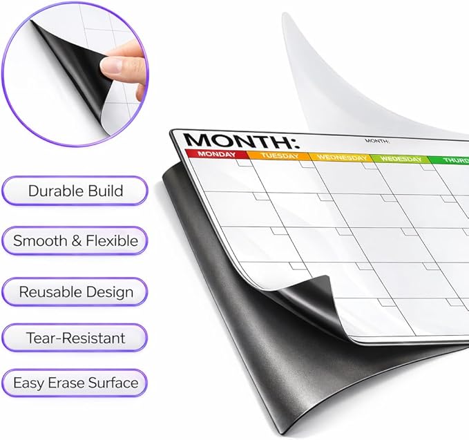 Refrigerator Calendar Magnetic Dry Erase - 17" x 12" Magnet Calendar for Fridge, Monday Start | Family Schedule Board, to-Do List & Work | Include 5 Markers & Eraser by Freedom Mastery