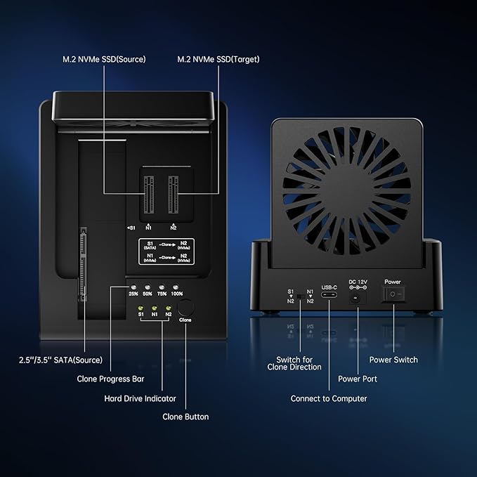 FIDECO M.2 NVMe SSD Cloner and Duplicator, 3-Bay Hard Drive Cloner Dock for M.2 NVMe SSD and 2.5"/3.5" SATA HDD, Hard Drive Reader with Foldable Cooling Fan, Ultimate Heat Dissipation, Tool-Free