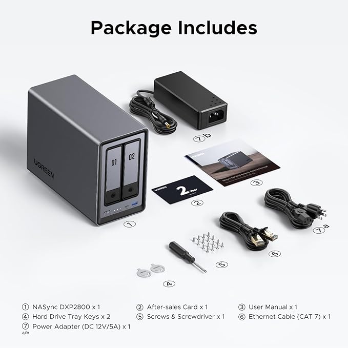 UGREEN NAS DXP2800 2-Bay Desktop All-Round NASync Ideal for Small Team, Enthusiasts, Intel N100 Quad-core CPU, 8GB DDR5 RAM, 2.5GbE, 2X M.2 NVMe Slots, 4K HDMI, Network Attached Storage (Diskless)