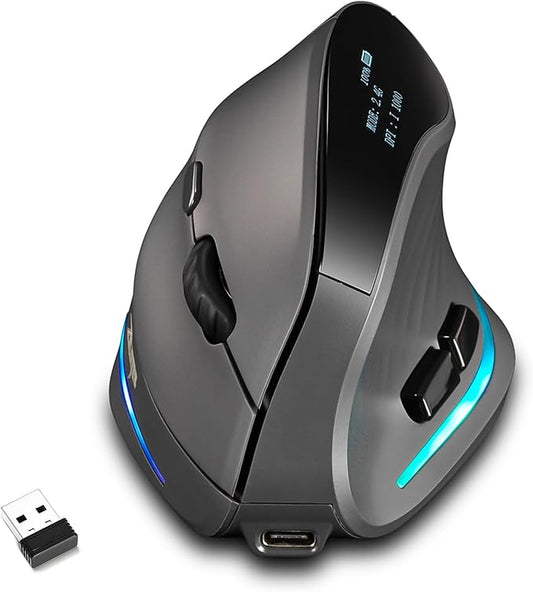 Gaming Mouse with Display, Wireless Vertical Ergonomic Mouse with Tri-Mode Connectivity, 7 Programmable RGB Buttons, 4000 DPI, Rechargeable for PC Laptop Mac
