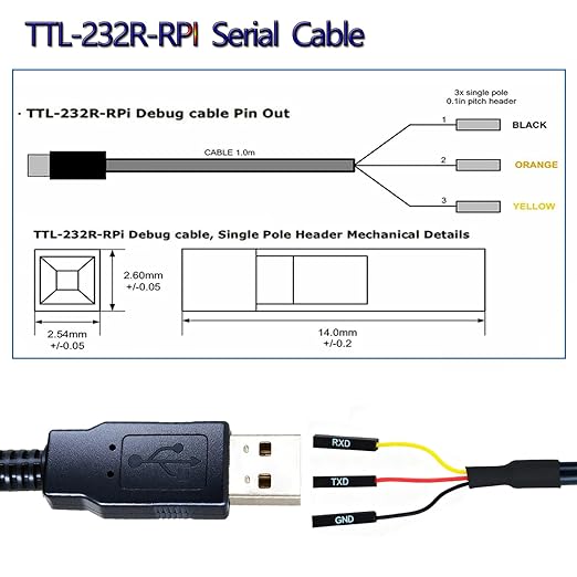6 Feet USB to TTL-232R-RPI 3.3V Adapter Cable, FT232 USB to TTL Serial UART Cable, TX RX Signal 3 Pin 3v3 Level Signal 2.54mm Dupont Female Header Windows Linux MAC OS