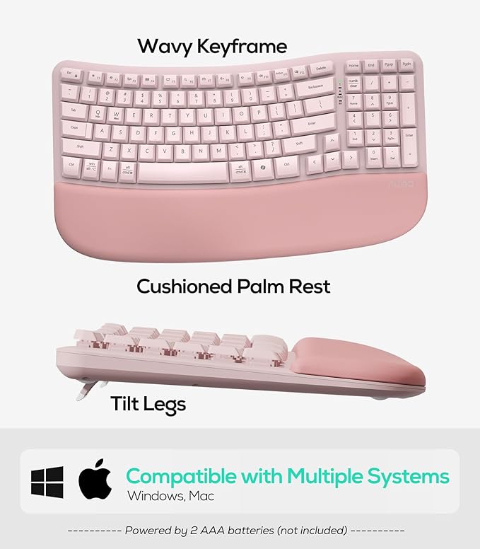 Nulea RT08 Wave Keys Wireless Ergonomic Keyboard with Cushioned Palm Rest, 2.4GHz Ergo Cordless USB Computer Keyboard, Comfortable Natural Typing, for Laptop, Mac, Windows (Pink)