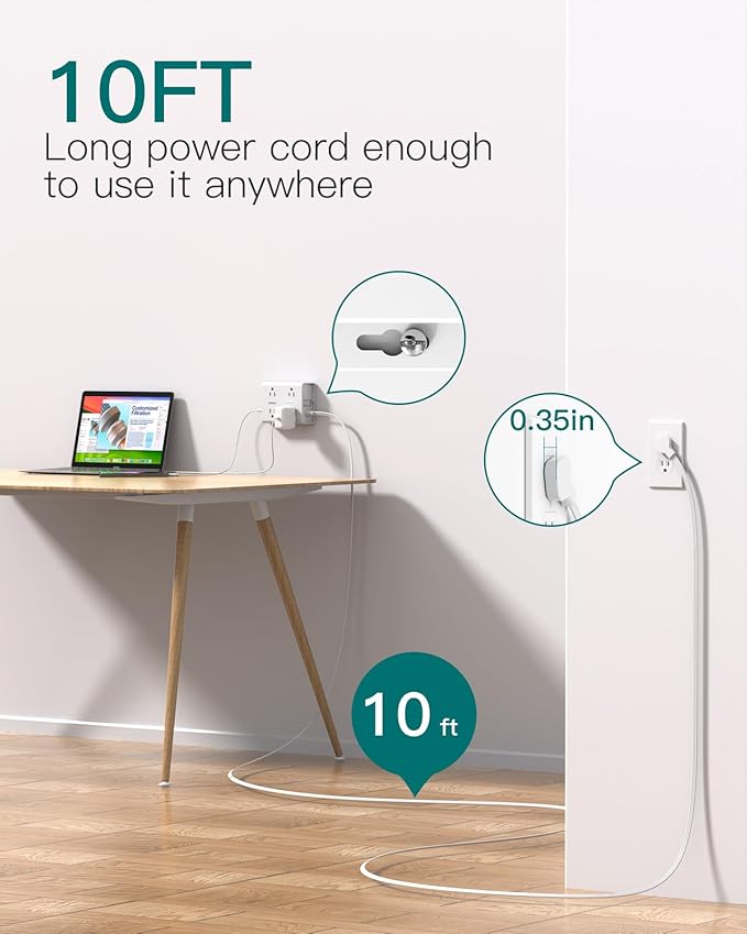 10FT Flat Plug Extension Cord with Multiple Outlets, Surge Protector Power Strip 10 ft Cord, 8 Outlets 4 USB Ports (2 USB C), Multi Outlet Wall Plug for Home Office College Dorm Room Essentials