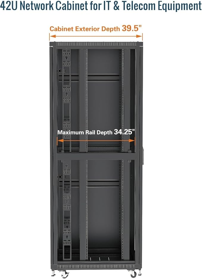 Tecmojo 42U Server Rack Network Cabinet 39.4" D x 23.6" W, Locking Data Cabinet Enclosure for 19" Server, Networking, AV & IT Equipment, Glass Door, Black