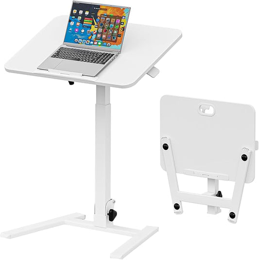 25 Inch Mobile Foldable Standing Desk, 180° Tiltable Portable Rolling Laptop Table, Height Adjustable Sit-Stand Desk with Wheels, No Assembly Computer Workstation for Home Office, White