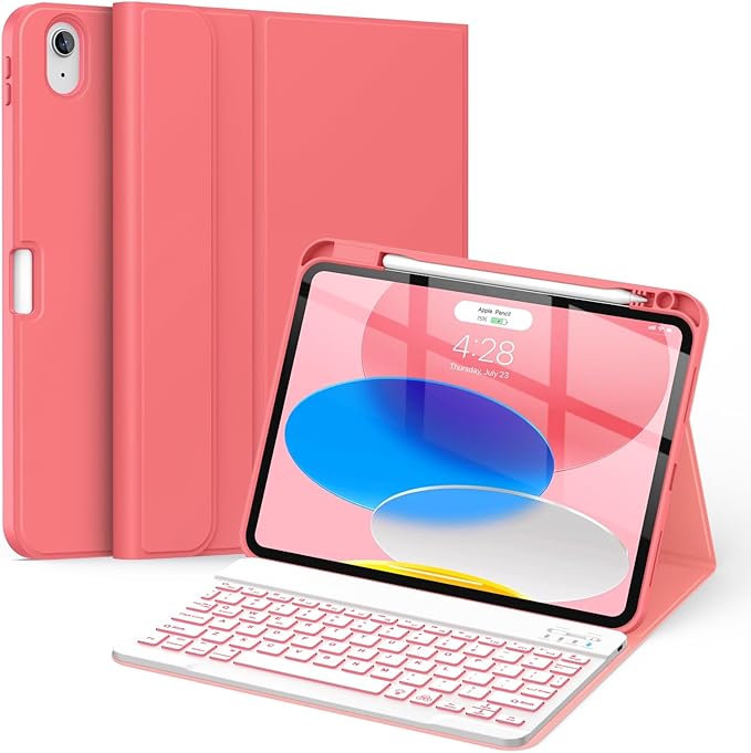 Soke for iPad (A16) 11th/10th Generation Case with Keyboard(2025/2022)-7 Color Backlight Wireless Detachable Folio Keyboard Cover with Built-in Pencil Holder for iPad 11/10.9 inch, Watermelon Red