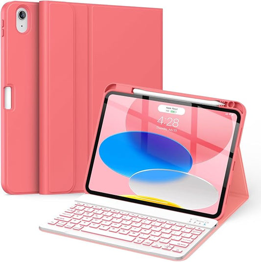 Soke for iPad (A16) 11th/10th Generation Case with Keyboard(2025/2022)-7 Color Backlight Wireless Detachable Folio Keyboard Cover with Built-in Pencil Holder for iPad 11/10.9 inch, Watermelon Red
