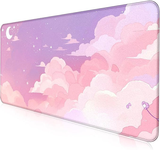 Cute Anime Cloud Desk Mat, Beautiful Pink Stitching Edge Non Slip Rubber Mouse Pad, Suitable for Female and Girl Office Decoration 35.4 x 15.7 x 0.12 Inches