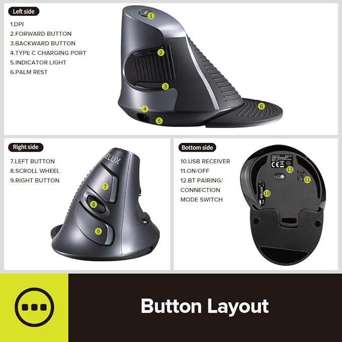 DELUX Ergonomic Vertical Mouse Wireless, Rechargeable Vertical Mouse, Bluetooth/2.4G Dual Mode, Slient Click, Removable Wrist Rest, 800/1200/1600DPI Levels, 6 Buttons, for Laptop/PC (M618G DB-Black)
